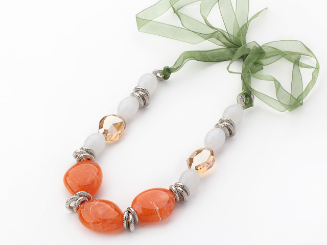 Orange and White Color Acrylic and Champagne Color Crystal Necklace with Green Ribbon