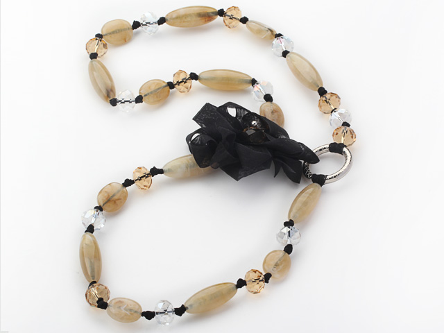 Long Style Light Yellow Color Acrylic and Crystal Necklace with Black Ribbon Flower