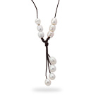 Simple Style 10-11mm White Freshwater Pearl Leather Y Shape Necklace with Brown Leather