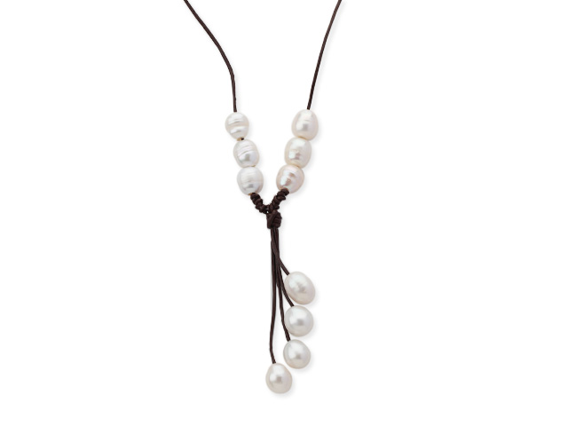 Simple Style 10-11mm White Freshwater Pearl Leather Y Shape Necklace with Brown Leather