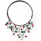 Elegent Style Red Coral and Gray Pearl and Aventurine Flower Necklace with Black Glass Beads Chain