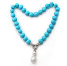 Elegent Style Potato Shape Blue Seashell Beaded Knotted Necklace with White Seashell Pendant