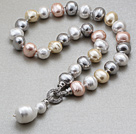 Potato Shape Gray and Pink and Champagne Color Seashell Beaded Knotted Necklace with White Seashell Pendant