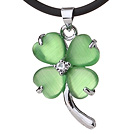 Fashion Inlaid Green Heart Shape Cats Eye Four Leaf Clover Zincon Pendant Necklace With Black Leather