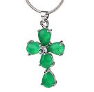 Lovely Teardrop Green Inlaid Malaysian Jade Cross Pendant Necklace With Metal Chain