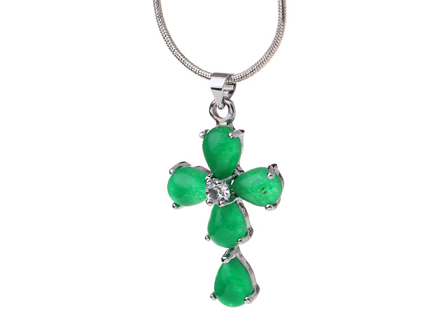 Lovely Teardrop Green Inlaid Malaysian Jade Cross Pendant Necklace With Metal Chain