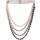 Nice Four Strands Multi Color Baroque Freshwater Pearl And White Crystal Beads Necklace With Magnetic Clasp