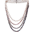 Nice Four Strands Multi Color Baroque Freshwater Pearl And White Crystal Beads Necklace With Magnetic Clasp