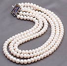 Fashion Three Strands 8-9mm Natural White Freshwater Pearl Beaded Necklace With Special Clasp