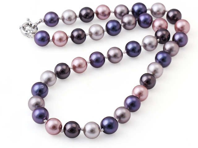 Popular 10mm Round Multi Color Seashell Beads Hand-Knotted Strand Necklace With Moonight Clasp