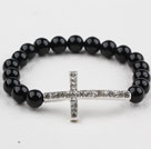 White Rhinestone Sideway/Side Way Cross and Round Black Agate Stretch Bangle Bracelet