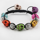 Fashion Style Multi Color Turquoise Skull and Rhinestone Ball Drawstring Halloween Bracelet