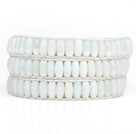 White Cats Eye 3 Wrap Bangle Bracelet with White Wax Cord and Shell Clasp
