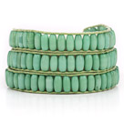 Grass Green Color Cats Eye 3 Wrap Bangle Bracelet with Green Wax Cord and Shell Clasp