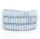Gray with Blue Color Cats Eye 3 Wrap Bangle Bracelet with Blue Wax Cord and Shell Clasp