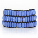 Dark Blue Color Cats Eye 3 Wrap Bangle Bracelet with Black Wax Cord and Shell Clasp