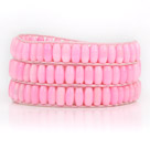 Pink Color Cats Eye 3 Wrap Bangle Bracelet with Pink Wax Cord and Shell Clasp