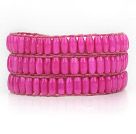 Hot Pink Color Cats Eye 3 Wrap Bangle Bracelet with Pink Wax Cord and Metal Clasp