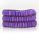 Purple Color Cats Eye 3 Wrap Bangle Bracelet with Purple Wax Cord and Shell Clasp