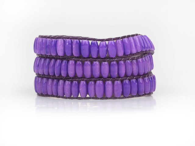 Purple Color Cats Eye 3 Wrap Bangle Bracelet with Purple Wax Cord and Shell Clasp
