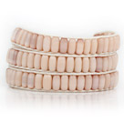Baby Pink Color Cats Eye 3 Wrap Bangle Bracelet with Gray Wax Cord and Shell Clasp