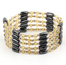 5 Rows Yellow Crystal Silver Beads And Black Magnetic Wrap Bangle Bracelet