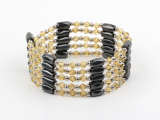 5 Rows Yellow Crystal Silver Beads And Black Magnetic Wrap Bangle Bracelet