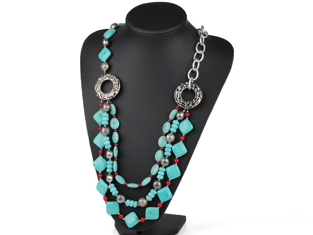 29.5 inches red coral turquoise necklace on bold metal chain