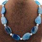 Oval Shape Blue Agate and White Freshwater Pearl Necklace with Moonlight Clasp