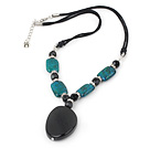 Nice Rectangle Phoenix Stone With Big Black Agate Pendant Necklace