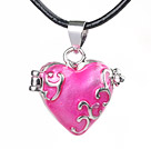 Fashion Style Hot Pink Color Heart Shape Wish Box Metal Pendant Necklace with Leather Thread