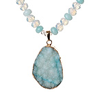Light Blue Series Single Strand Clear Crystal and Kyanite Necklace with Leaf Shape Blue Crystallized Agate Pendant