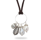 Simple Style White and Gray Crystal and Freshwater Pearl Pendant Necklace with Dark Brown Leather