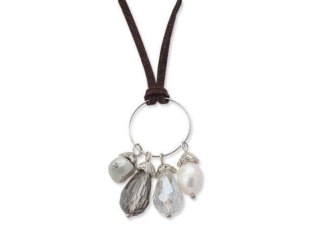 Simple Style White and Gray Crystal and Freshwater Pearl Pendant Necklace with Dark Brown Leather
