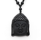 Black Grinding Agate Necklace with Black Obsidian Laughing Buddha Pendant