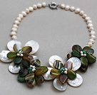 White Freshwater Pearl and White Shell and Green Agate Flower Necklace