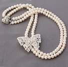 Fashion Double Strands White Freshwater Pearl Beaded Necklace With Rhinestone Butterfly Pendant