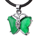 Lovely Butterfly Shape Green Inlaid Malaysian Jade Zircon Pendant Necklace With Black Leather