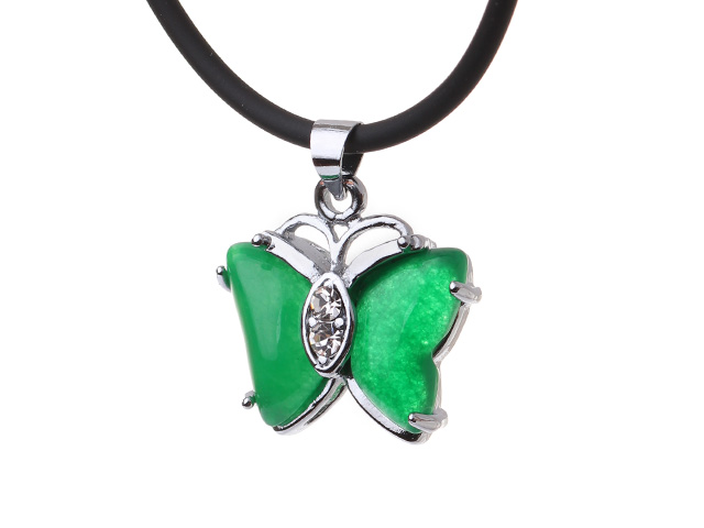 Lovely Butterfly Shape Green Inlaid Malaysian Jade Zircon Pendant Necklace With Black Leather