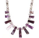 Beautiful Natural White Freshwater Pearl And Crabstick Shape Amethyst Strand Necklace (No Box)