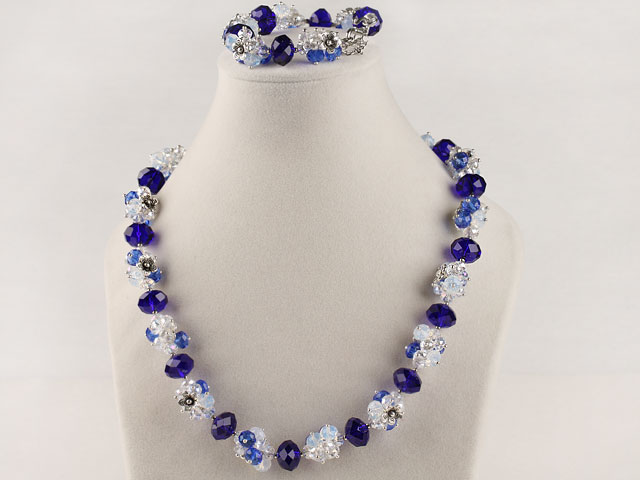 blue crystal  necklace bracelet set with extendable chain