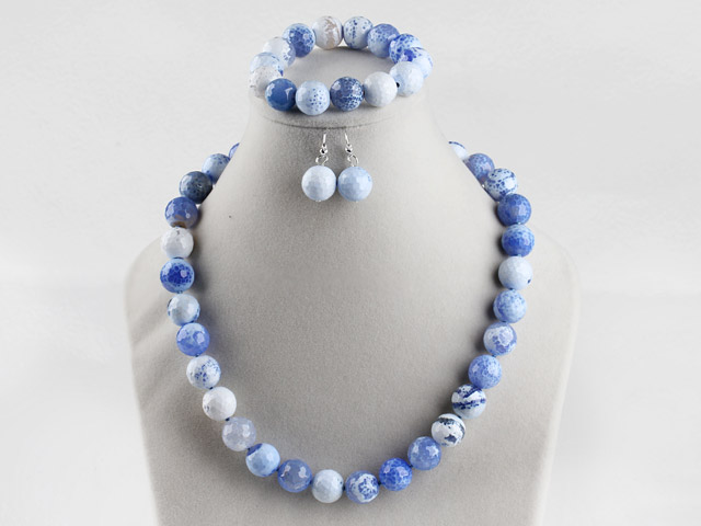 12mm blue burst pattern blue agate ball necklace bracelet earrings set