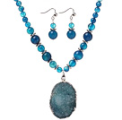 Nice Round Blue Agate Beaded Sets (Crystallized Agate Pendant Necklace With Matched Earrings)