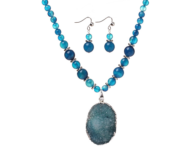 Nice Round Blue Agate Beaded Sets (Crystallized Agate Pendant Necklace With Matched Earrings)