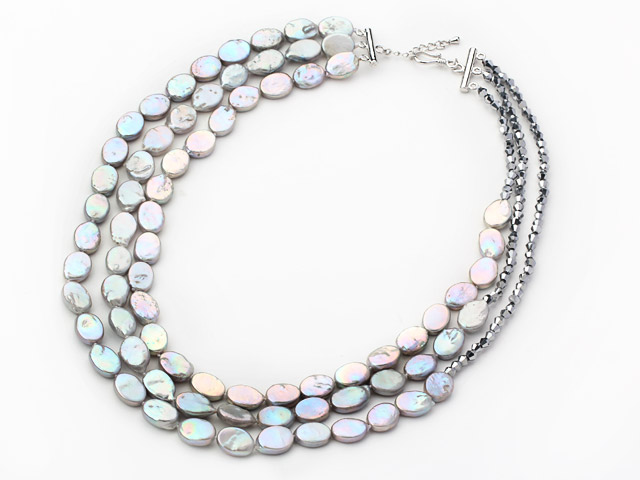 Gray Series Three Strands Oval Shape Rebirth Pearl and Black Crystal Necklace