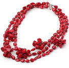 Elegant Multi Strand Mixed Red Coral And Flower Beaded Necklace With Magnetic Clasp