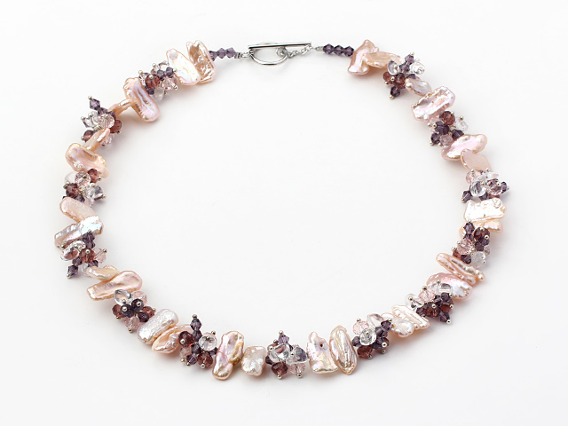 Nice Pink And White Biwa Pearl And Multi Crystal Beaded Strand Necklace With Toggle Clasp
