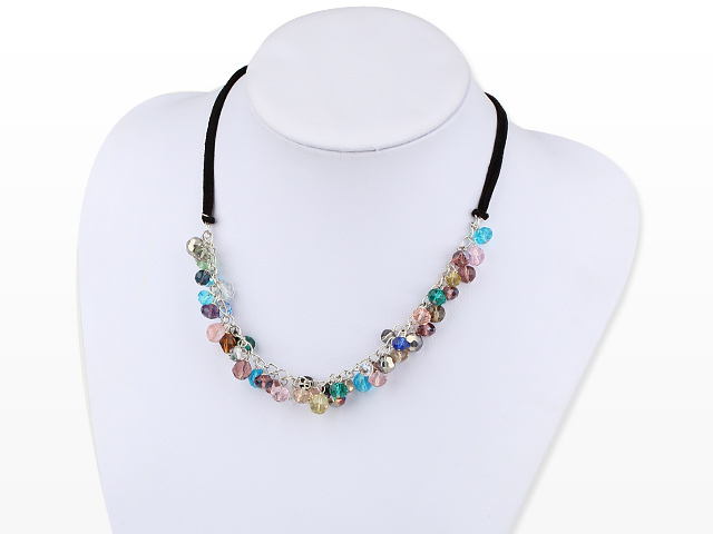 Fashion Loop Chain Multi Color Crystal Strand Neckalce With Black Knotted Threads