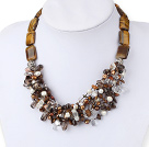 Beautiful Cluster Style Pearl Crystal And Tiger Eye Mixed Chips Stone Necklace With Moonight Clasp