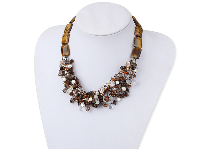 Beautiful Cluster Style Pearl Crystal And Tiger Eye Mixed Chips Stone Necklace With Moonight Clasp